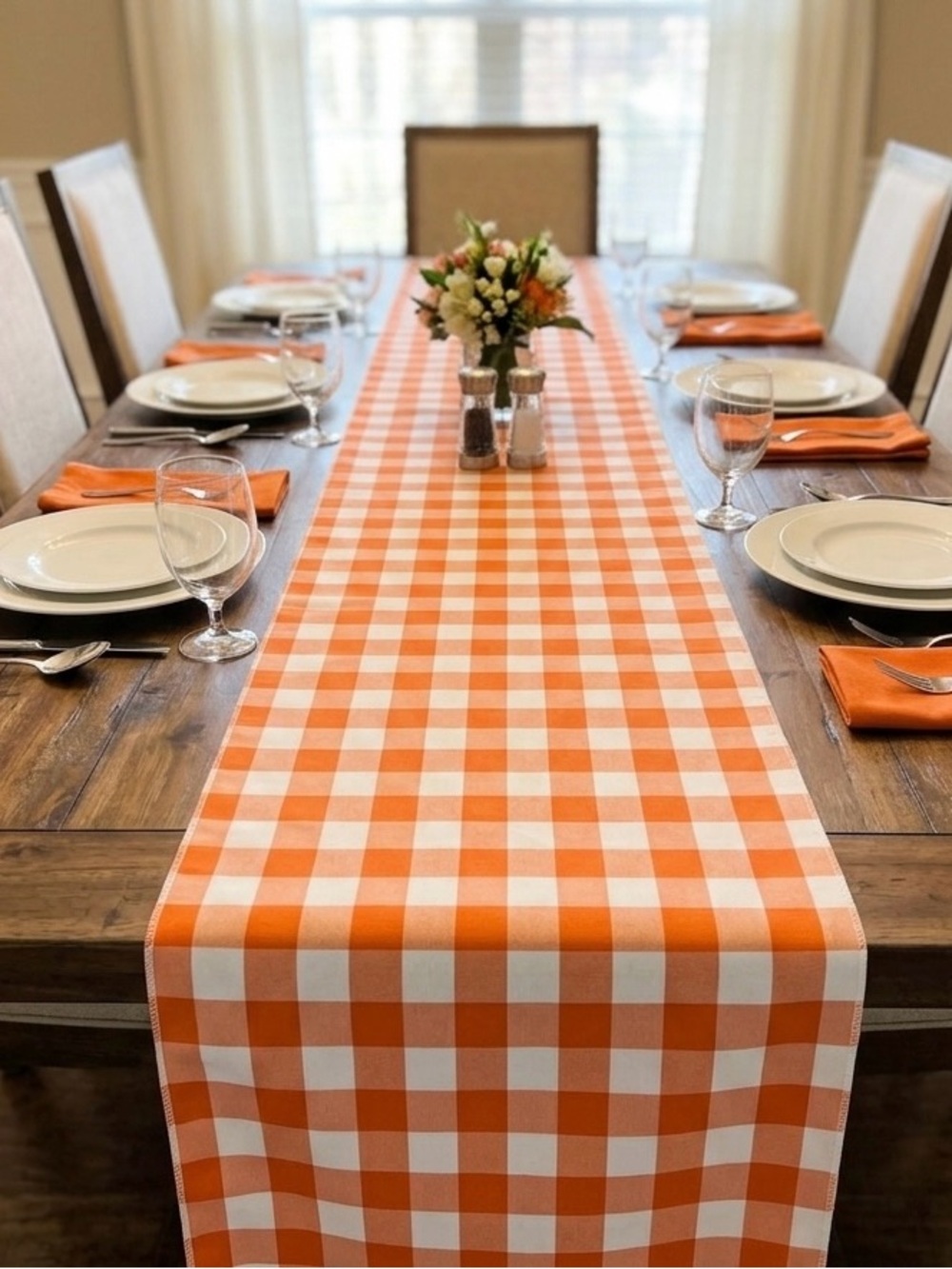 Orange White Gingham Table Runner 108” Graduation